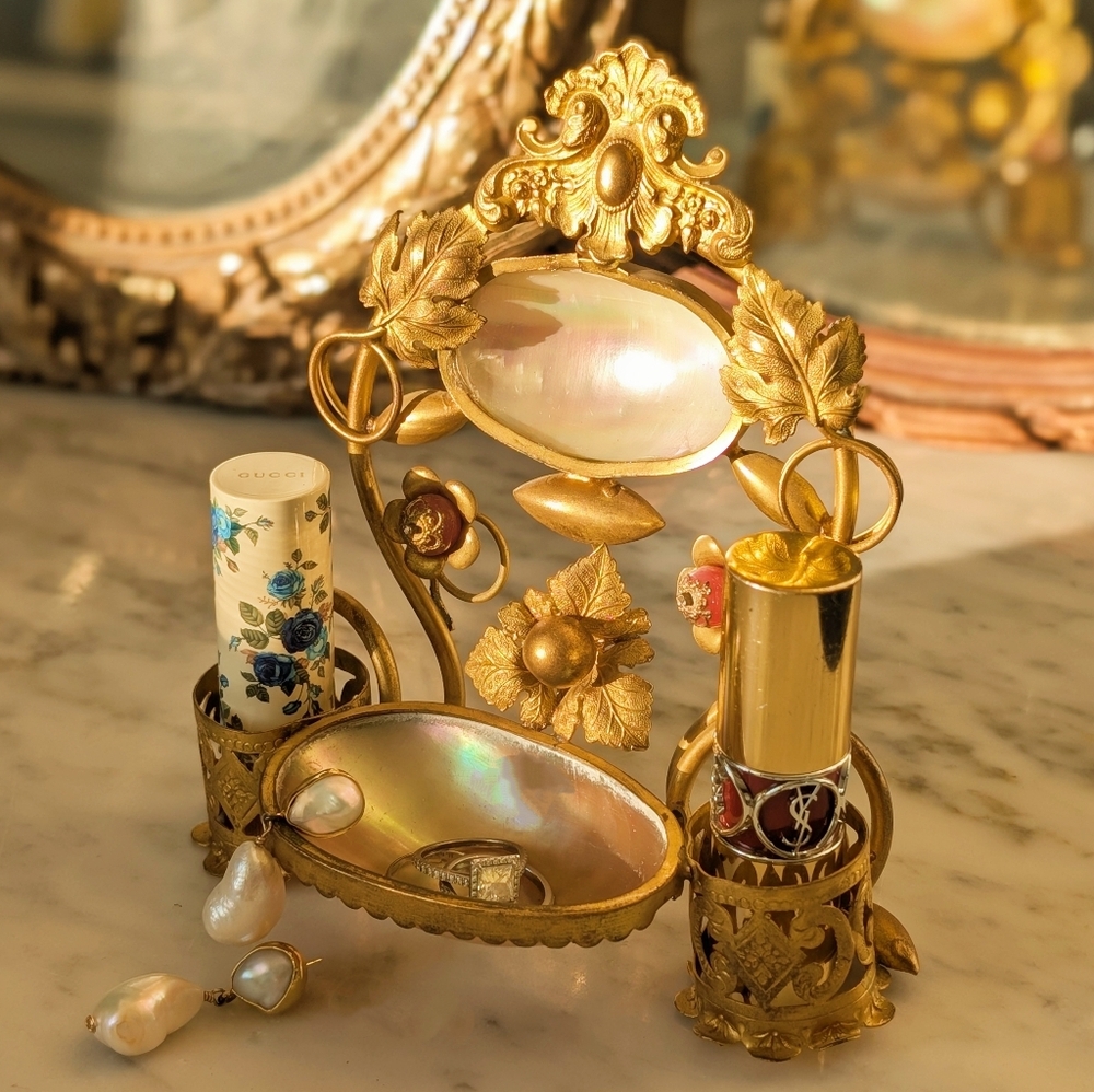 Antique French Palais Royal Mother of Pearl Ormolu Vanity Lipstick Holder Stand